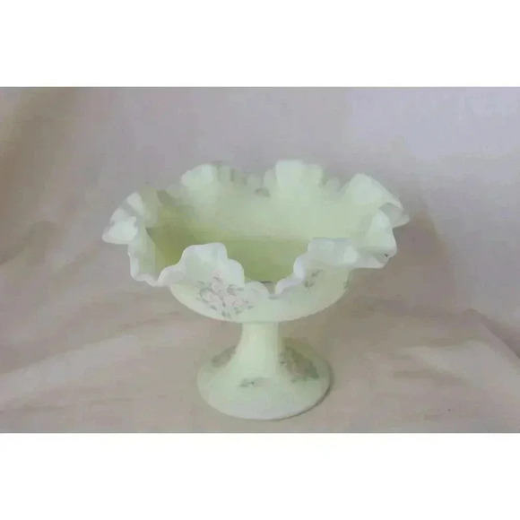 Vintage Fenton Custard satin, Ruffled Compote midcentury hand paintedLinda Bules - Picture 5 of 8